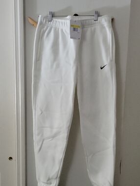 Nike Womens White Fleece Jogger Pants with Black Swoosh Size Small NWT